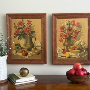VINTAGE 1960s Paint-By-Number Art Pair – MCM Floral Still Life in Wood Frames